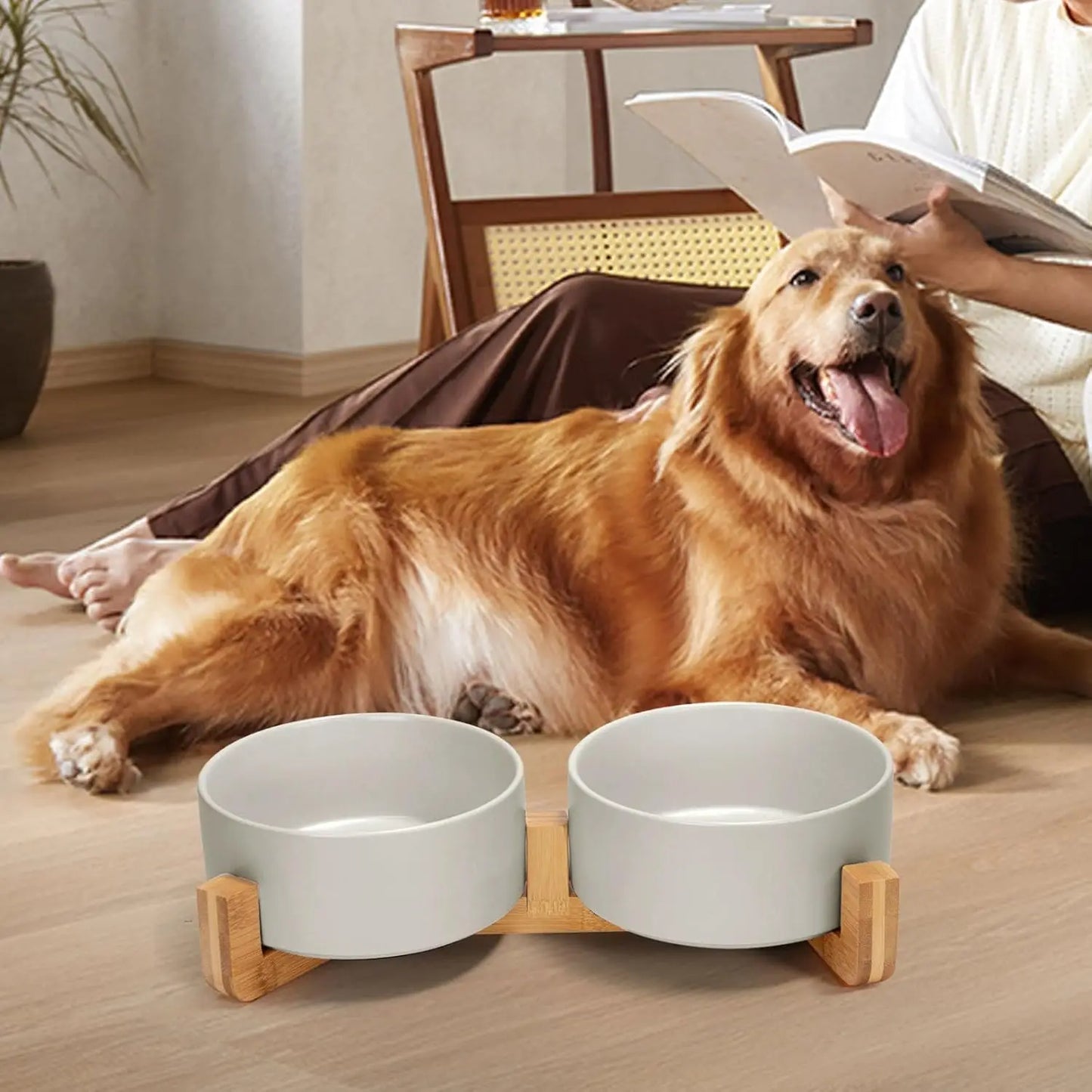 Ceramic Pet Bowl Set with Wooden Stand, Weighted Food Water Dishes for Medium Large Dogs (42 OZ, 2 Grey)
