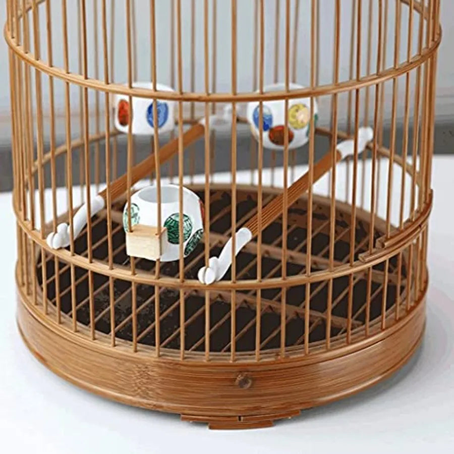LIOONS Birdcages Bamboo Bird Flight Cage Portable Birdcage Simple Retro Bird Cage Round Bird House Carrier with Rolling Stand