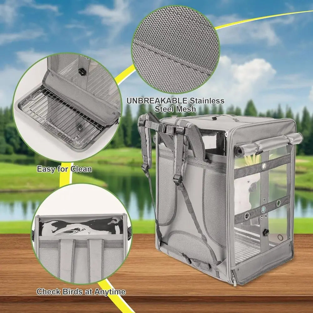 Bird Carrier Travel Cage, Cockatoo Carrier, Parrot Travel Backpack with Unbreakable StainlSteel Mesh, Perch, Water Bottle and oo