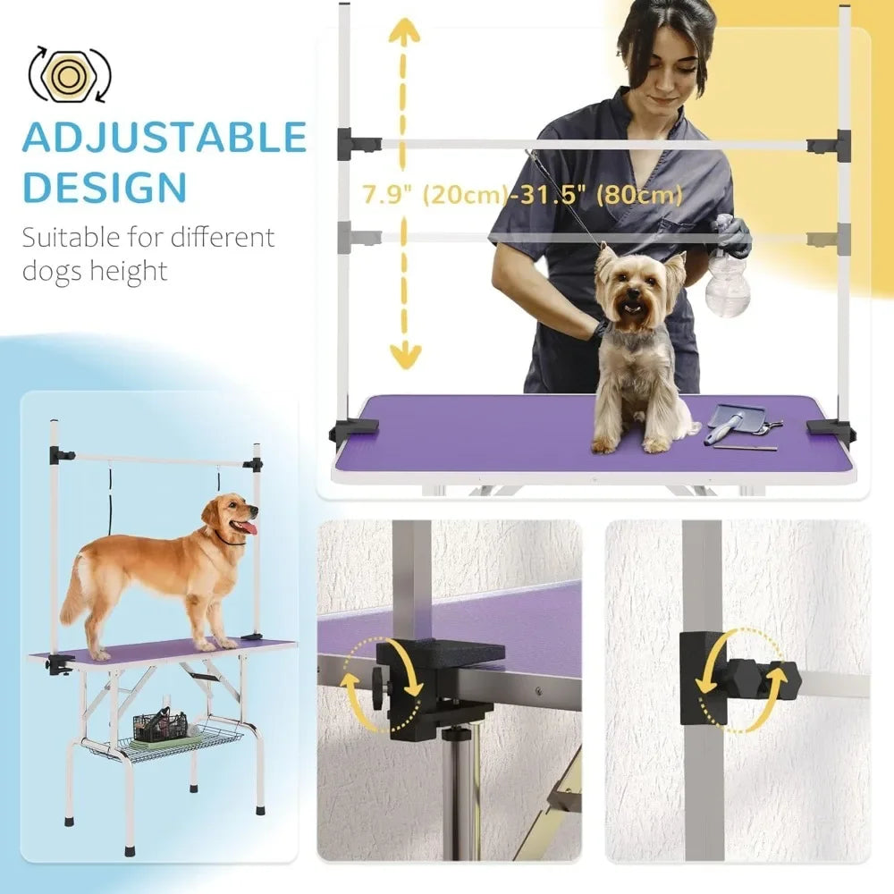 "collapsible stainless steel dog grooming table supporting up to 330lbs, ideal for professional pet bathing and drying"