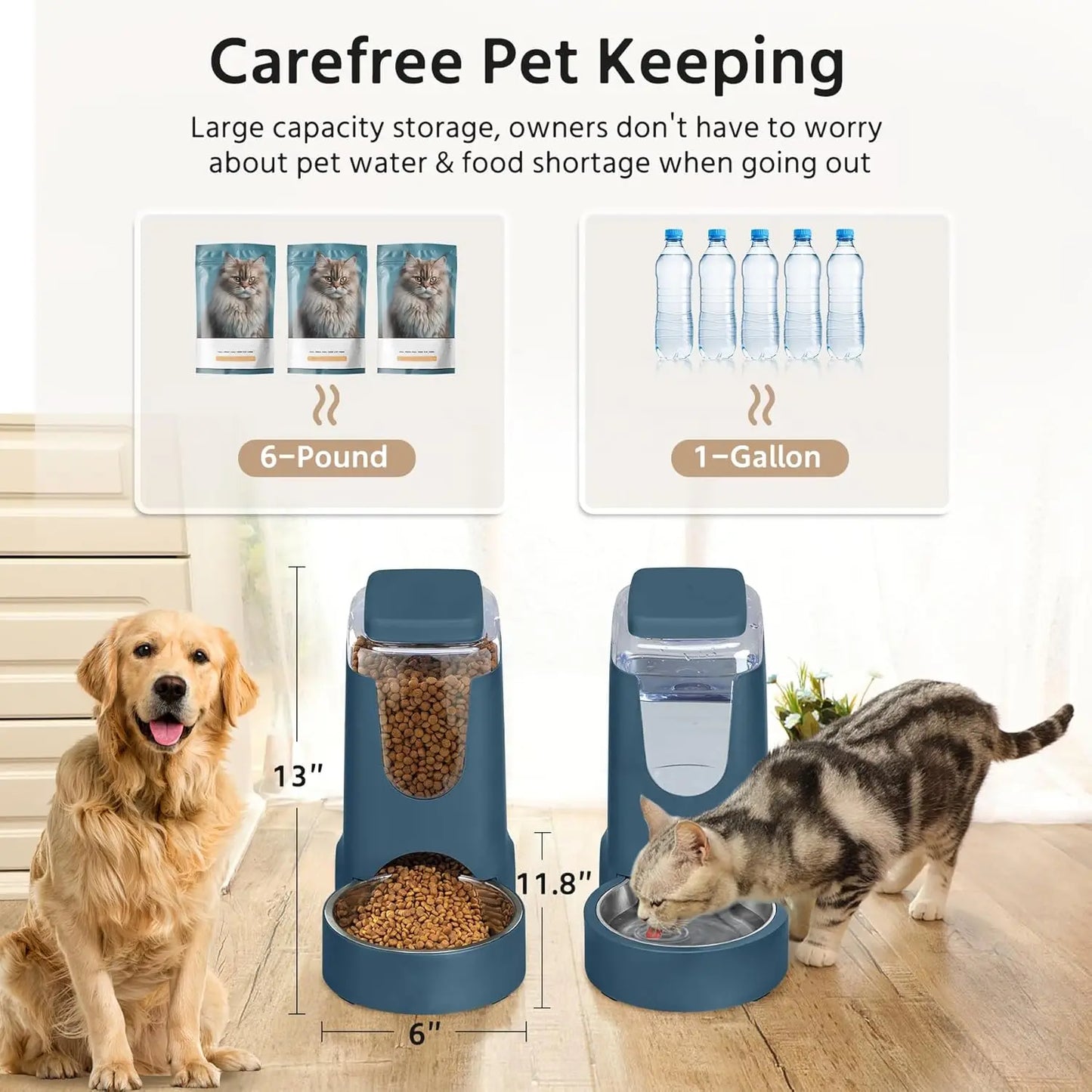 2-Pack Automatic Pet Feeder and Water Dispenser Set for Cats and Dogs, Stainless Steel Bowl, Navy Blue