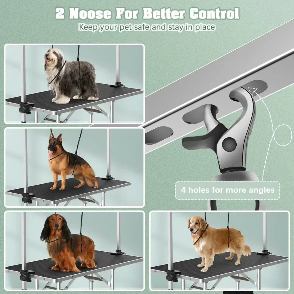 Dog Grooming Table, Adjustable Large Pet Drying Desktop, Foldable Bathing Desk with Arms, Noose, Mesh Tray, Maximum Capacity Up