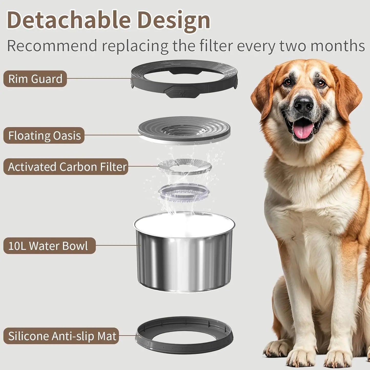10L No Spill Dog Water Bowl with Slow Feeder, Large Capacity Stainless Steel Pet Dispenser