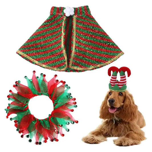 Cat Christmas Costume 3 PCS Cat Costume Pet Clothing Dog Outfits Plush Clown Collar Hat Comfortable Adjustable Cute Costume Suit
