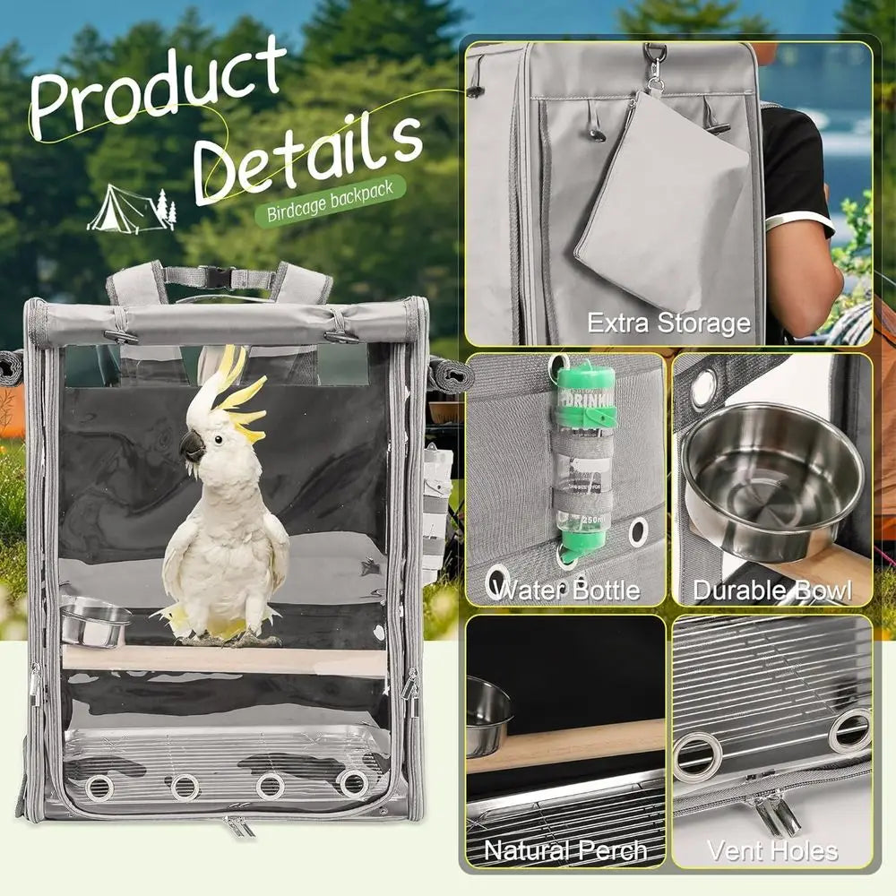 Bird Carrier Travel Cage, Cockatoo Carrier, Parrot Travel Backpack with Unbreakable StainlSteel Mesh, Perch, Water Bottle and oo