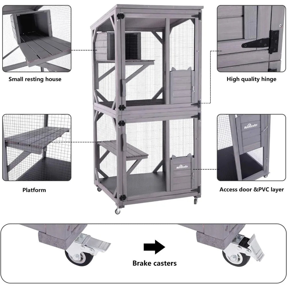Cat Catio Kitty House Outdoor and Indoor Run Large Wooden Cat Enclosure on Wheels 70.9" Upgraded Version Kennel Cage with Reinf