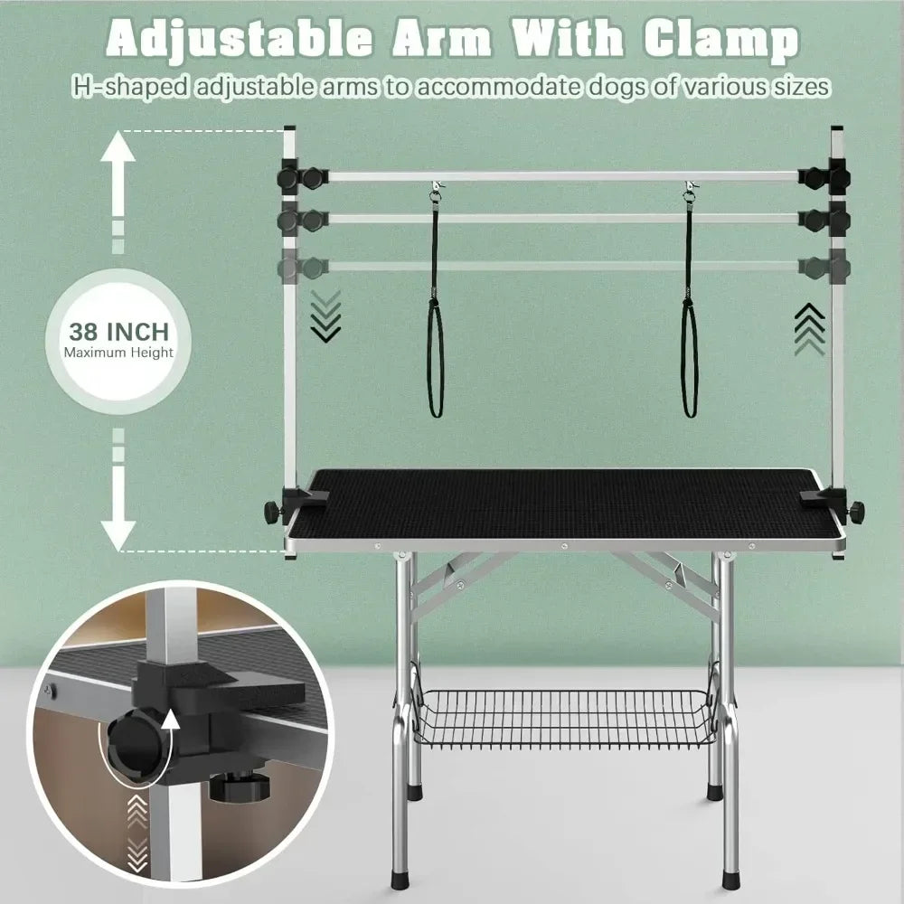Dog Grooming Table, Adjustable Large Pet Drying Desktop, Foldable Bathing Desk with Arms, Noose, Mesh Tray, Maximum Capacity Up