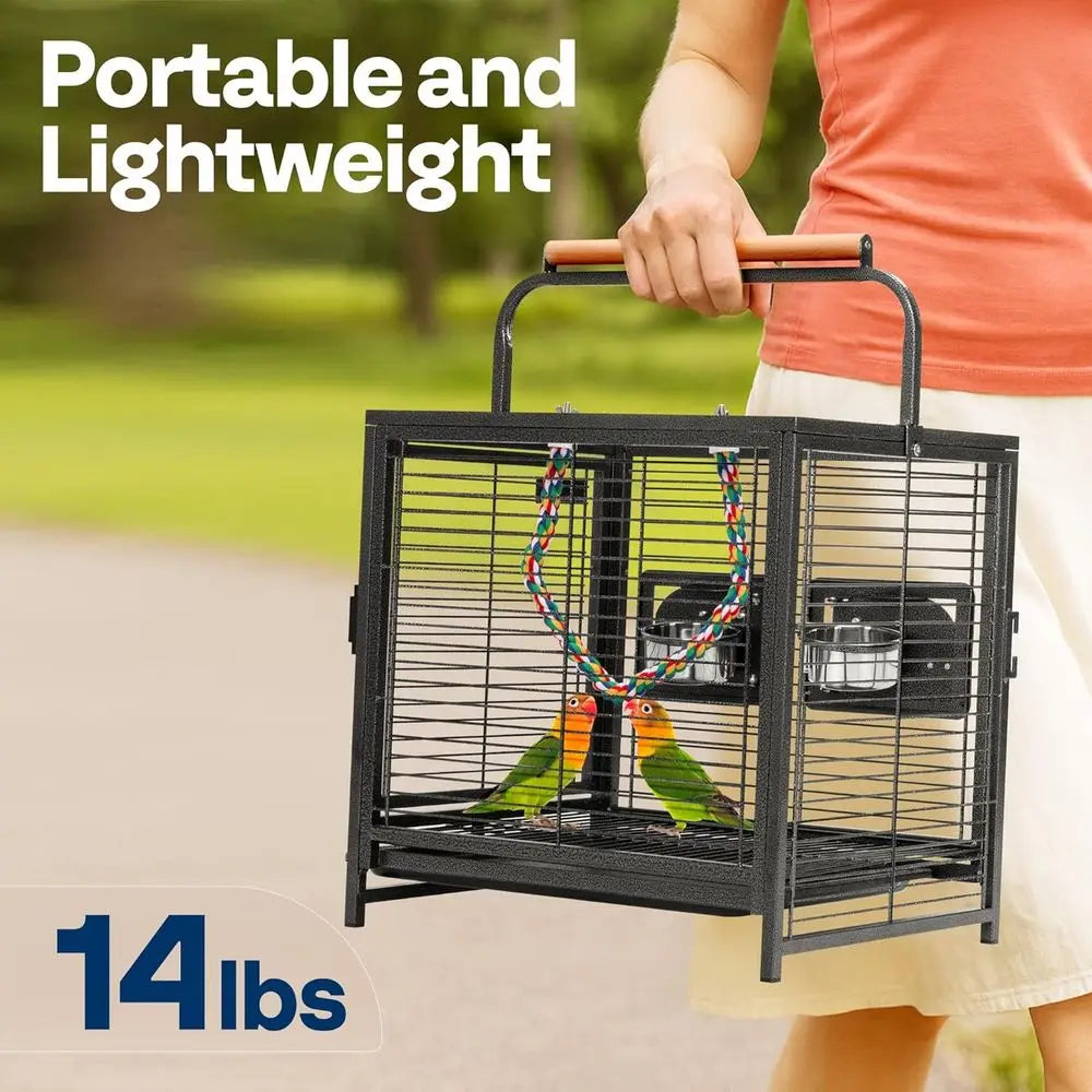 19 Inch Wrought Iron Bird Travel Carrier Cage for Parrots, Conures, Lovebirds, Cockatiels, Parakeets