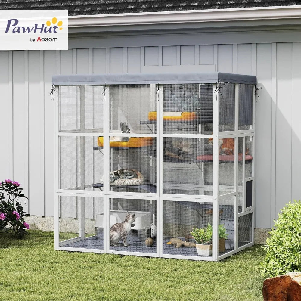 Catio Outdoor Cat Enclosure, Large Luxury Cat House Outside with Hammock, Condo, Jump Platforms, Ladders, Ramps, Tarp, Wa