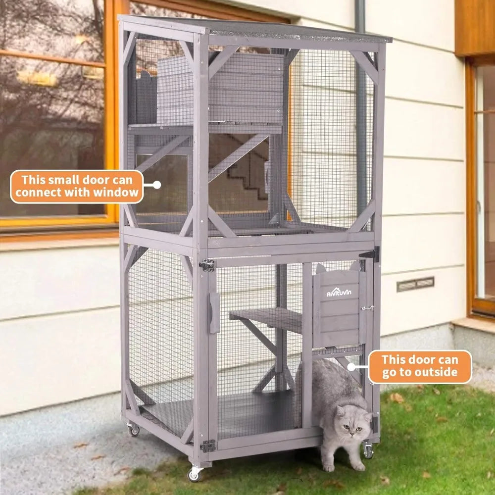 Cat Catio Kitty House Outdoor and Indoor Run Large Wooden Cat Enclosure on Wheels 70.9" Upgraded Version Kennel Cage with Reinf