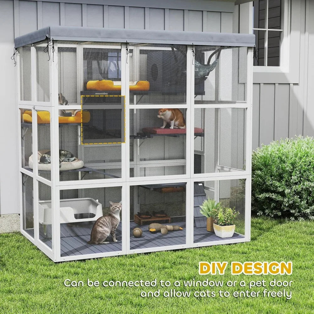 Catio Outdoor Cat Enclosure, Large Luxury Cat House Outside with Hammock, Condo, Jump Platforms, Ladders, Ramps, Tarp, Wa