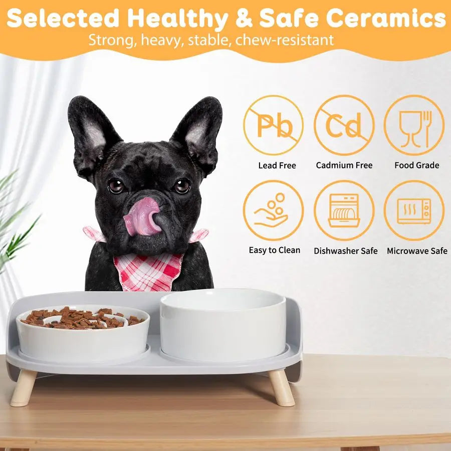 Slow Feeder Dog Bowls Ceramic Food and Water Bowl Set with Stand Raised Pet Dishes for Small and Medium Sized Dogs