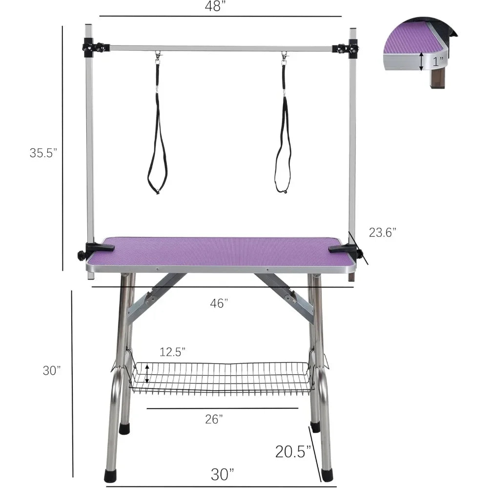 "collapsible stainless steel dog grooming table supporting up to 330lbs, ideal for professional pet bathing and drying"