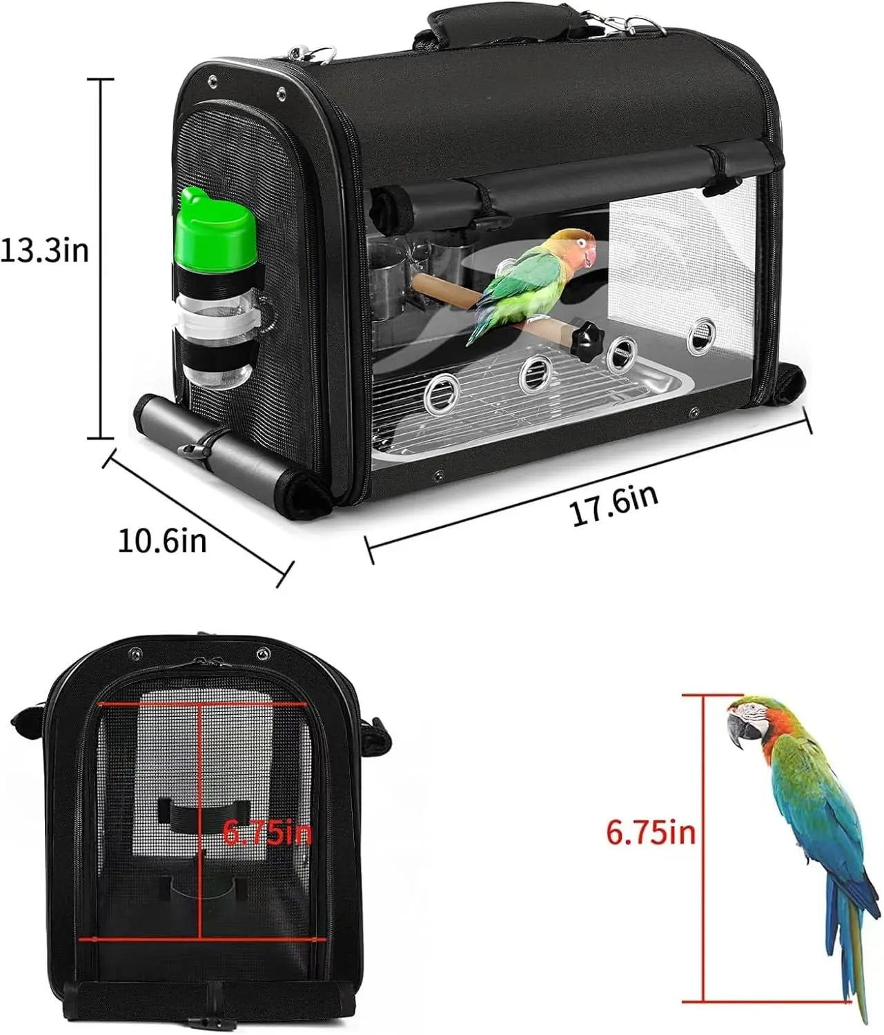 Lightweight Bird Travel Cage with Stand, Portable Backpack for Parrots, Transparent Breathable Pet Carrier in Black