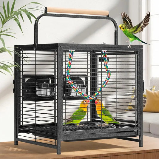 19 Inch Wrought Iron Bird Travel Carrier Cage for Parrots, Conures, Lovebirds, Cockatiels, Parakeets