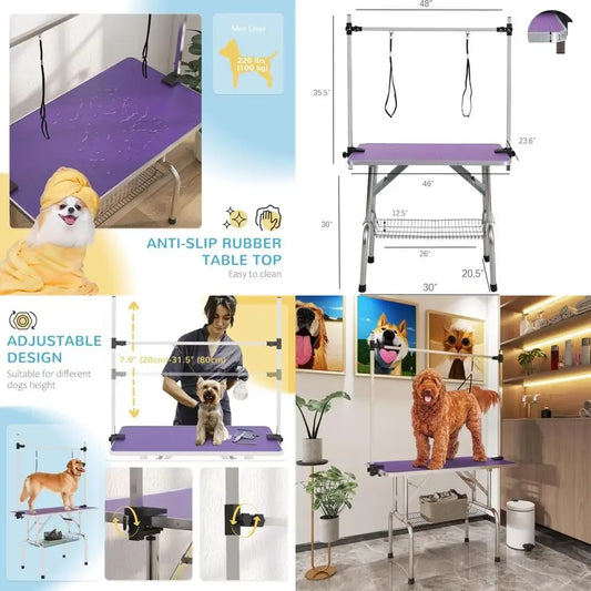 "collapsible stainless steel dog grooming table supporting up to 330lbs, ideal for professional pet bathing and drying"