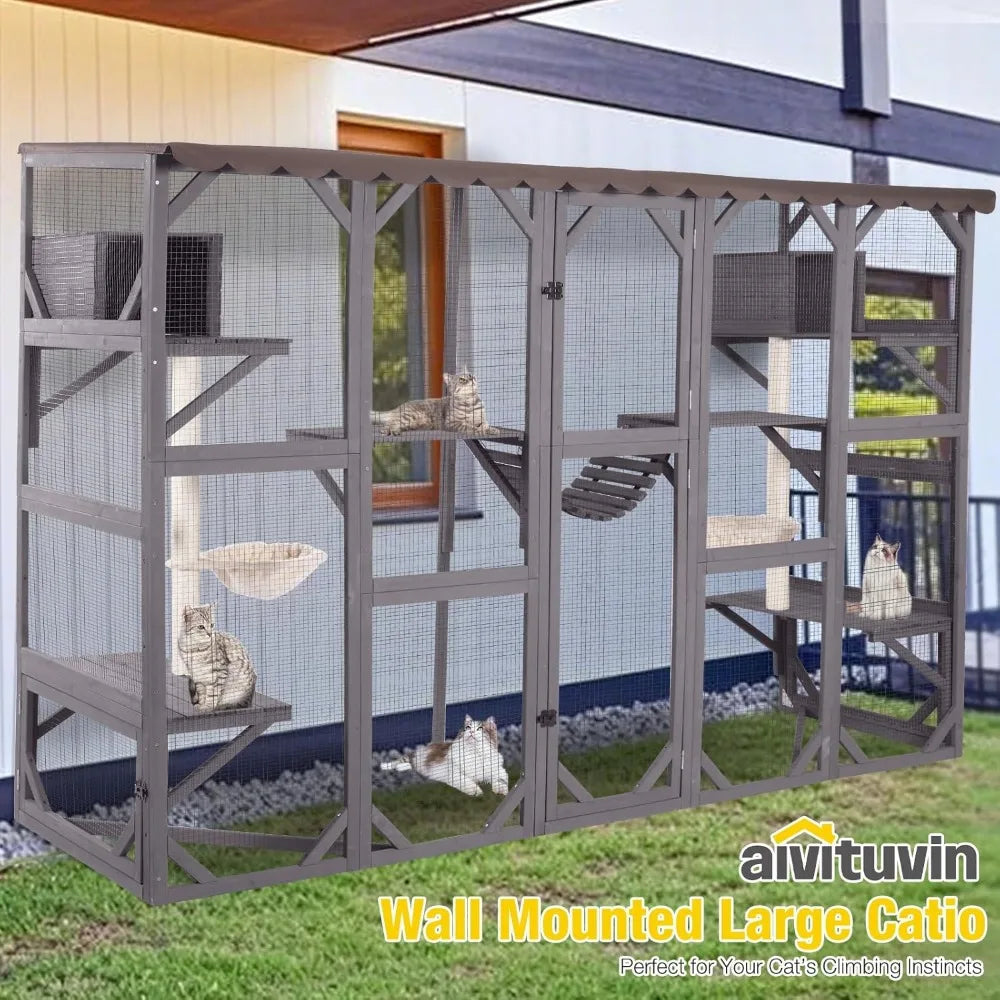 Catio Outdoor Cat Enclosure Window Box Wall Mounted Wooden Cat House Playground with Scratching Posts, Baskets, Resting House,